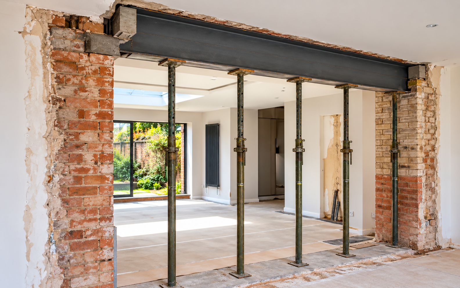 Interior wall renovation with exposed brick and steel support beams in a doorway opening