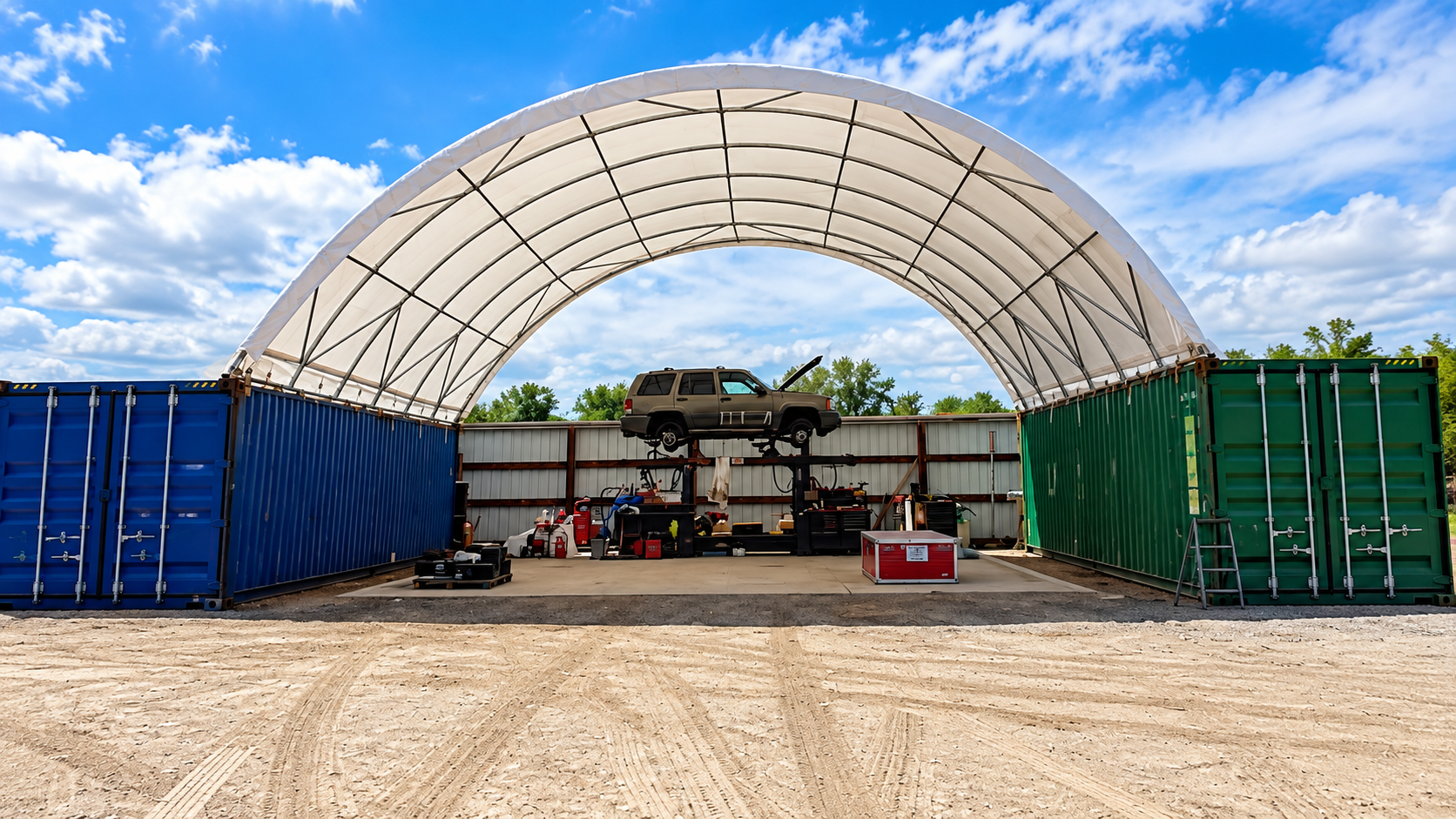 Open-air farm shelter with a tractor, flanked by blue and green shipping containers under a blue sky