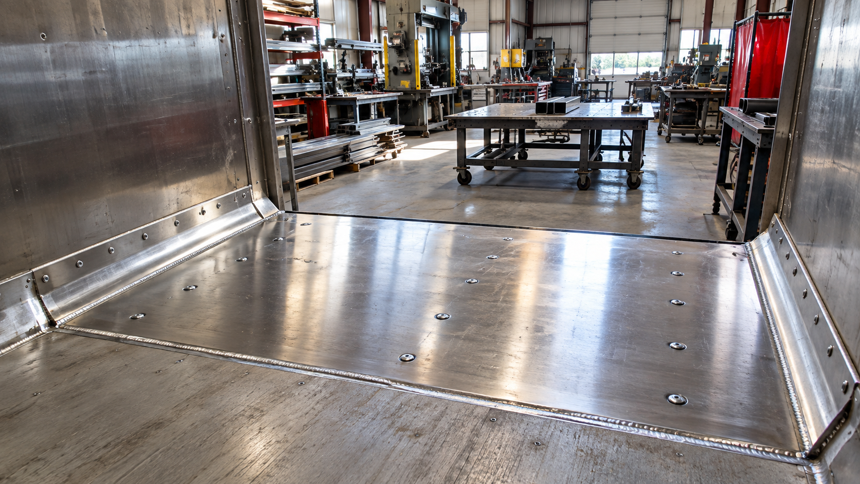 Empty metal industrial trailer interior in a workshop with tools and equipment in the background