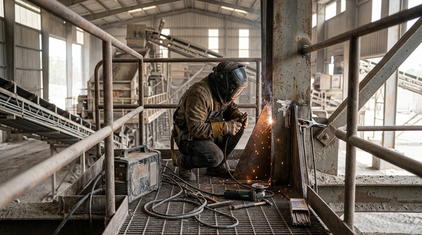 Welder repairing a yellow bulldozer bucket beside a blue welding machine in a rural field with mountains.