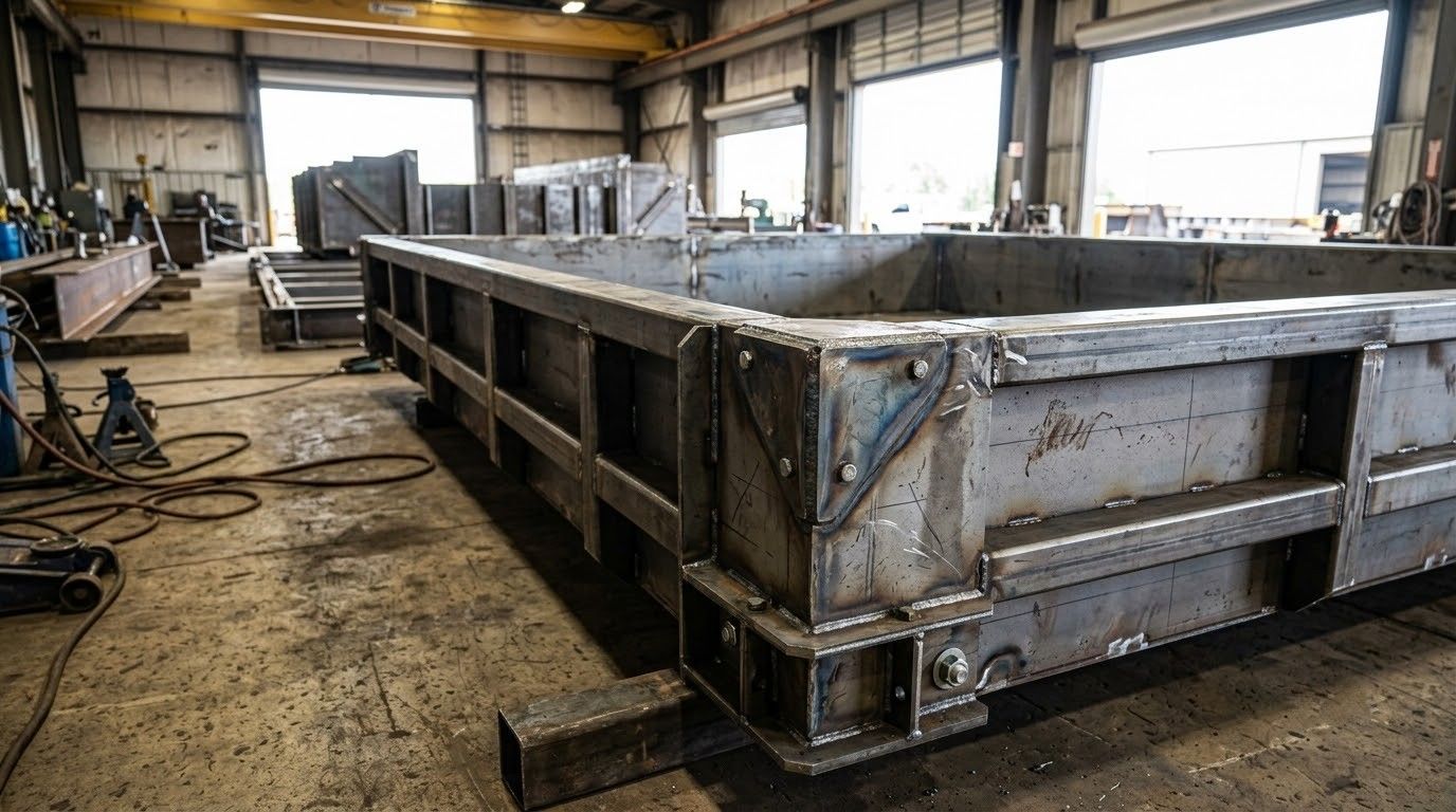 Steel I-beam assembly on sawhorses in a workshop, with welded plates and brackets.