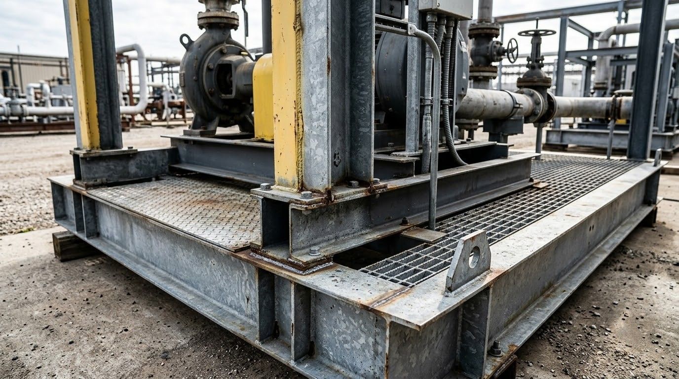 Close-up of a trailer corner with red reflector, metal welds, and mesh ramp deck on pavement