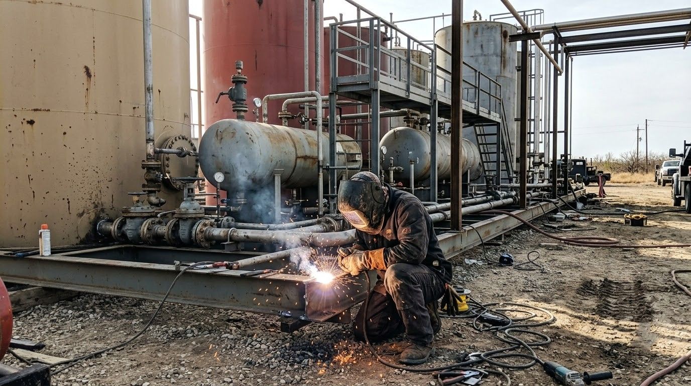 Worker welding a black metal fence, sparks flying, outdoors by a sidewalk