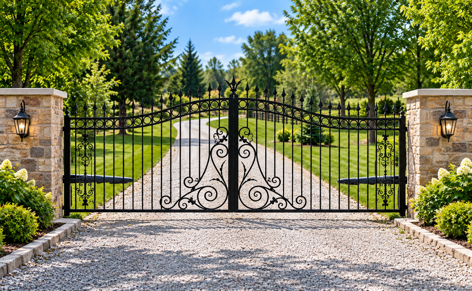 Black wrought-iron driveway gate flanked by stone pillars, opening to a tree-lined private road