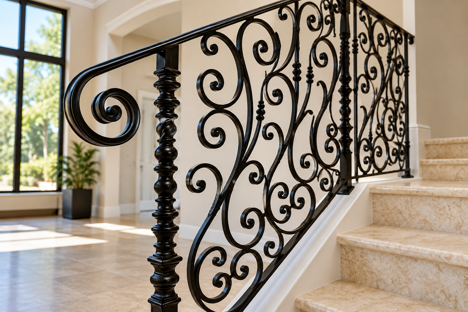 Ornate black wrought-iron staircase railing beside beige stone steps in a sunlit interior