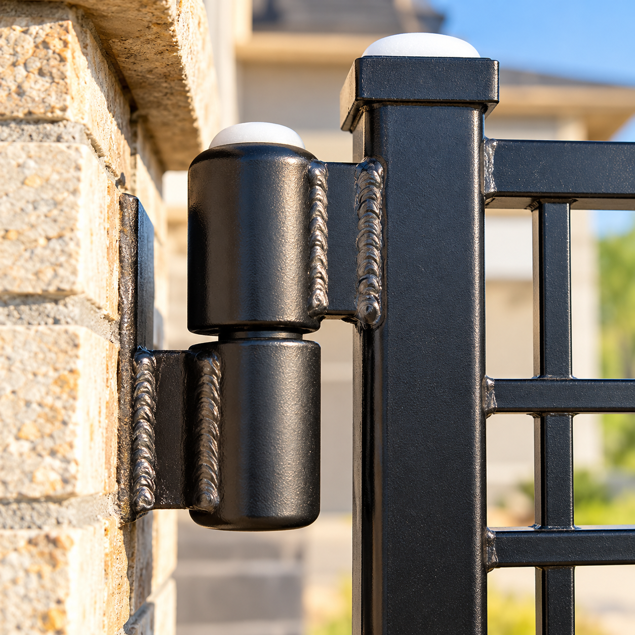 Black metal gate hinge attached to a stone wall, with a white cap on top.