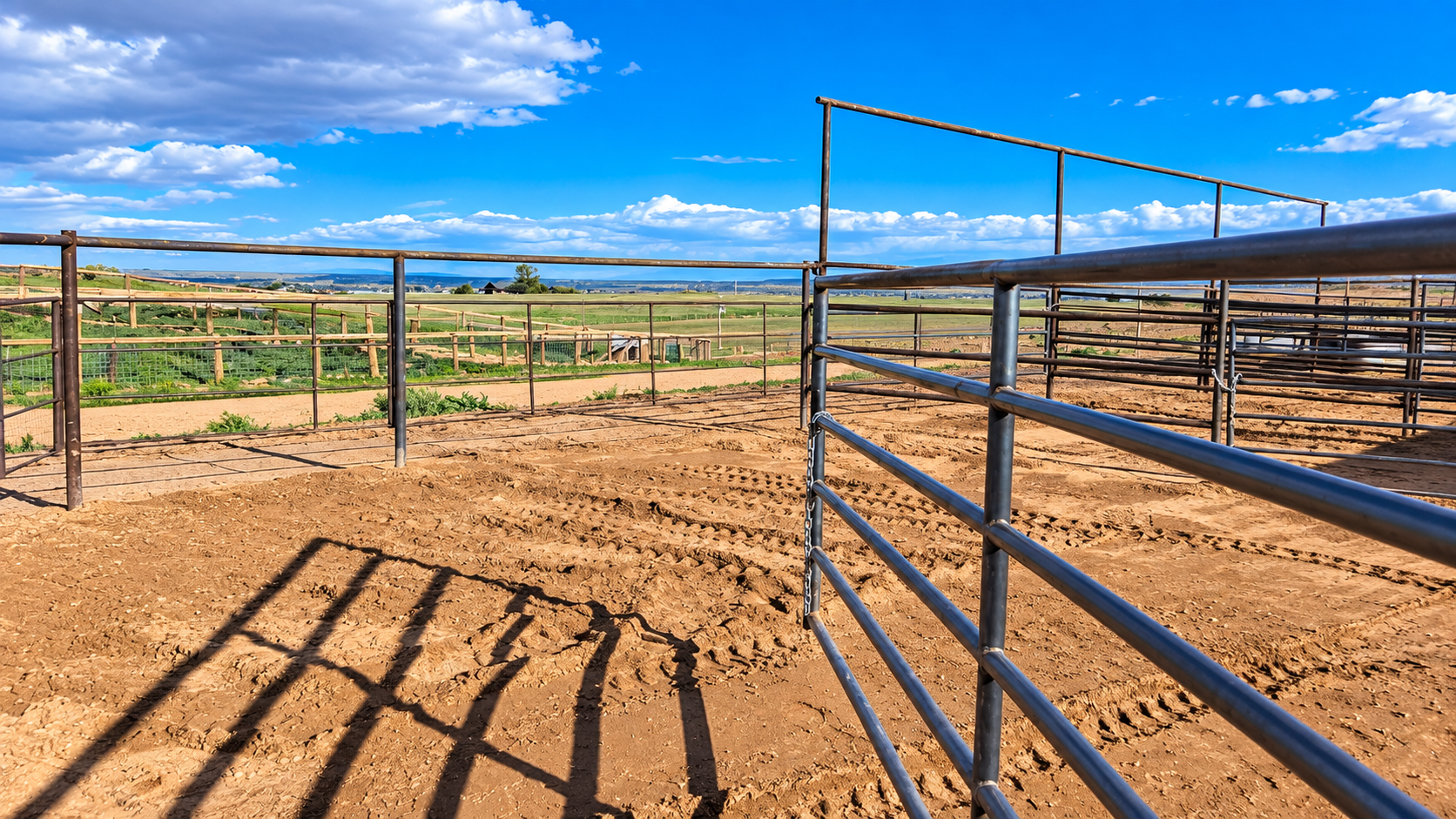 Open cattle gate in a fenced dirt pasture under a blue sky with clouds
