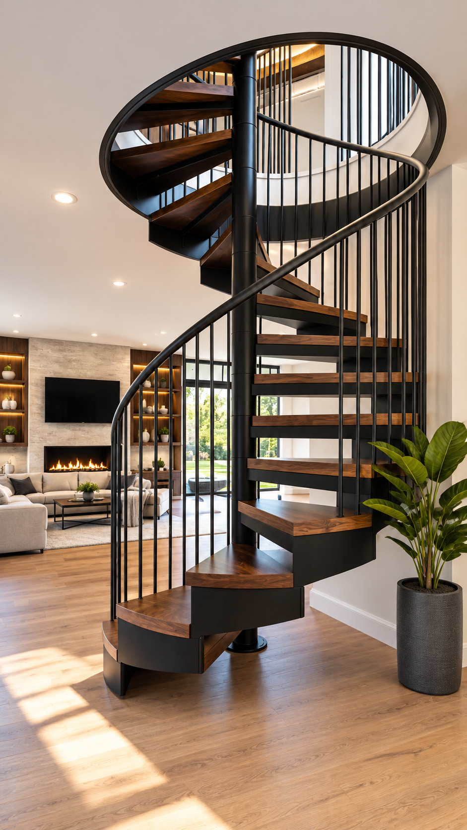 Curved black spiral staircase in a bright modern living room with wood floors and indoor plants