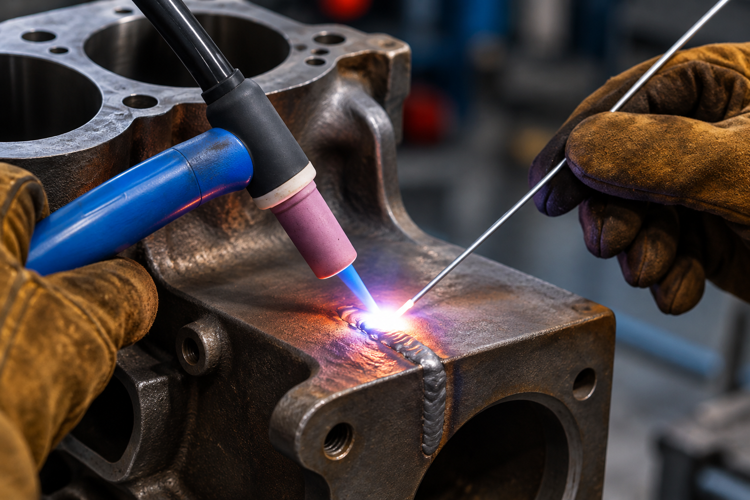 Welding torch joining metal parts on an engine block, with bright sparks and gloved hands nearby