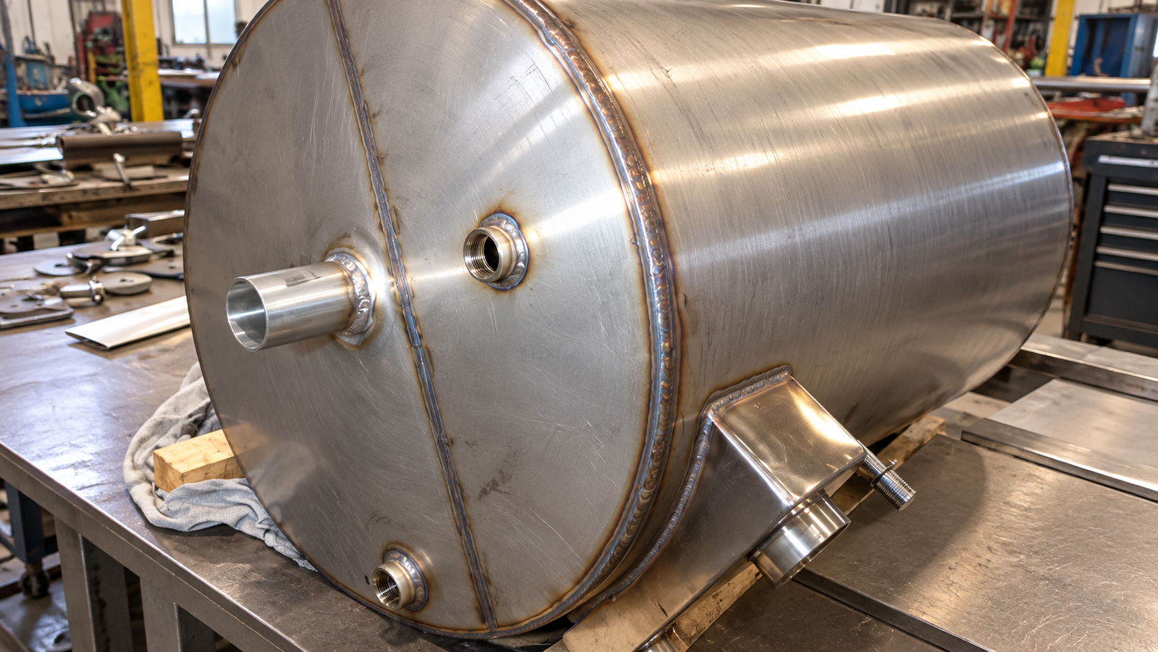 Large stainless steel cylindrical tank with welded seams and nozzles in an industrial workshop