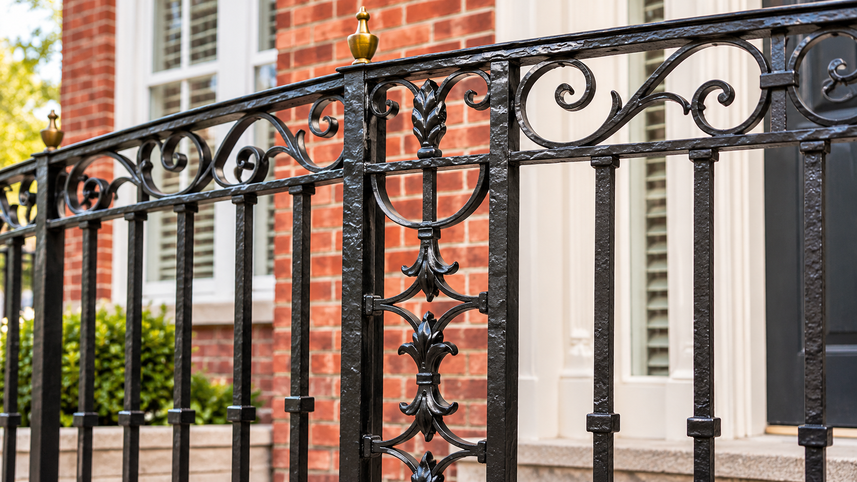 Black wrought-iron fence with decorative scrollwork in front of a brick house and white front door