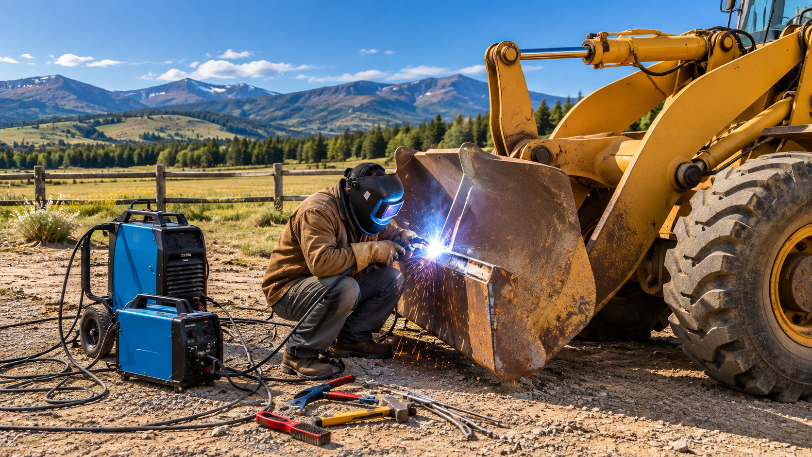 Welder repairing a yellow bulldozer bucket beside a blue welding machine in a rural field with mountains.