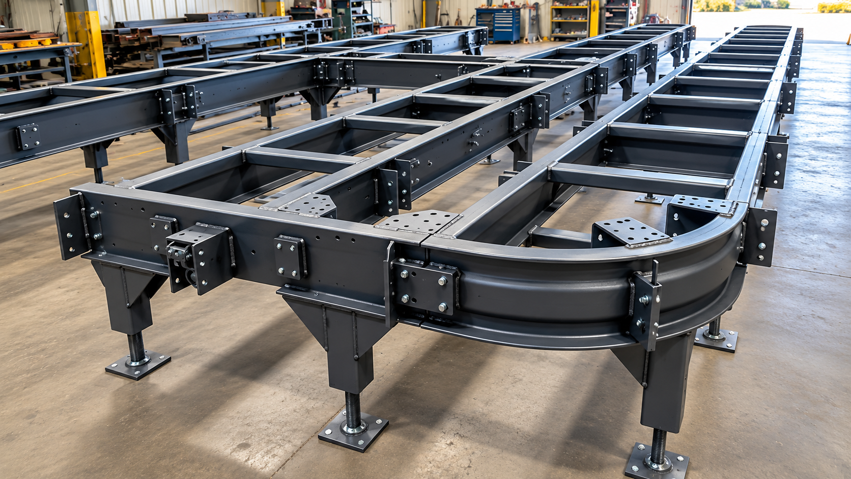 Black industrial steel conveyor frame assembly on adjustable legs in a factory workshop.