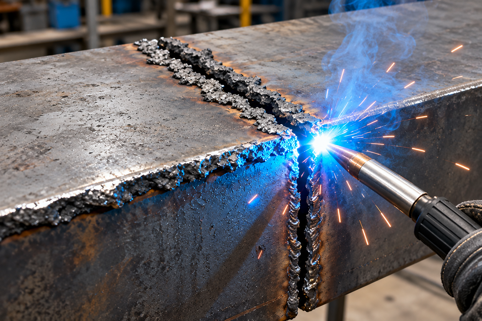 Welding torch sparking on a rusted metal beam, with bright blue light and molten seams.