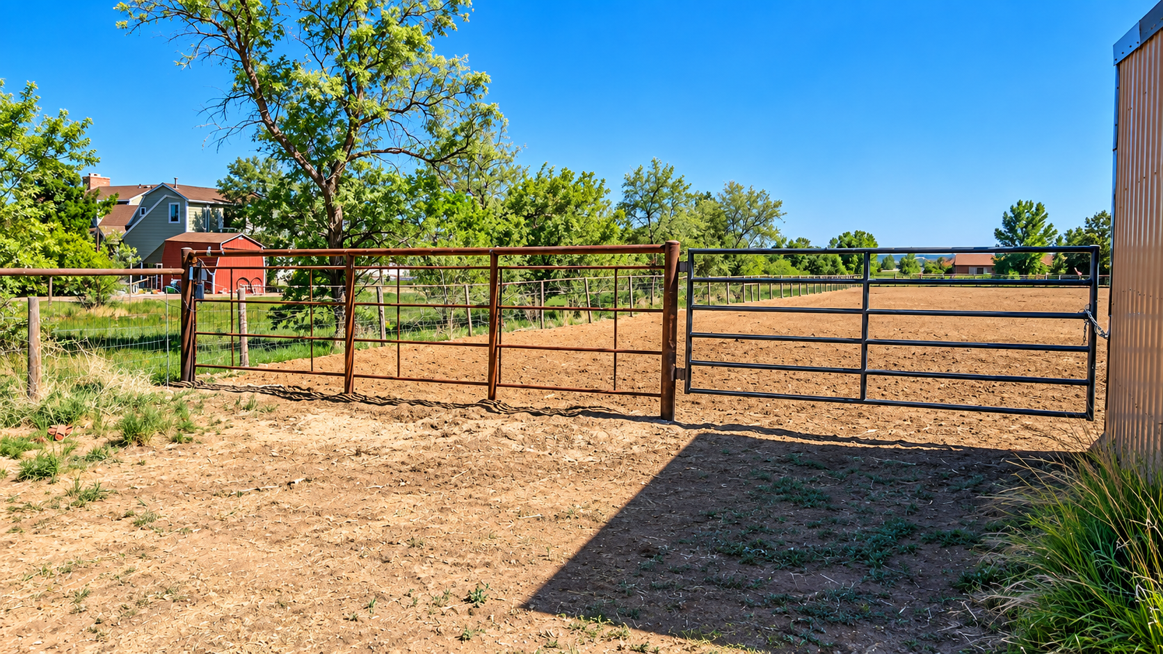 Rural fenced yard with dry grass, dirt ground, and trees under a clear blue sky