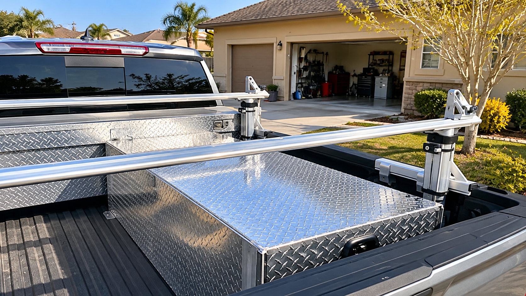 Truck bed with a reflective metal platform and rails parked in a driveway beside a suburban garage