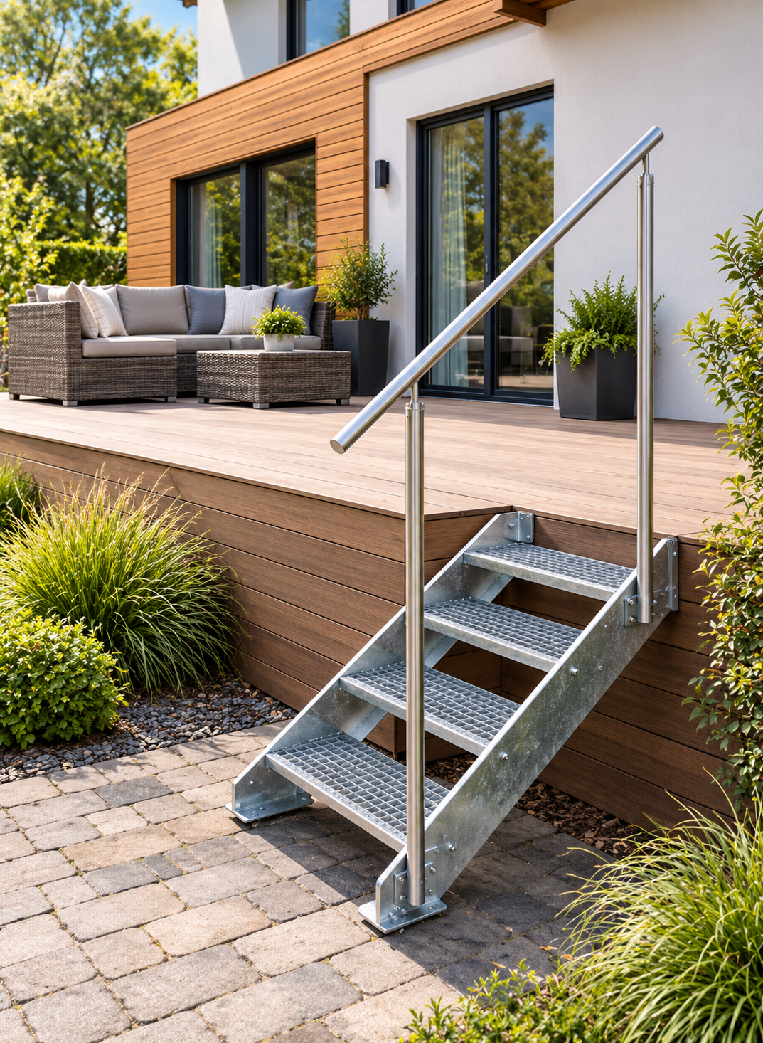 Outdoor metal stairs with handrails leading from a patio deck down to a paved garden path