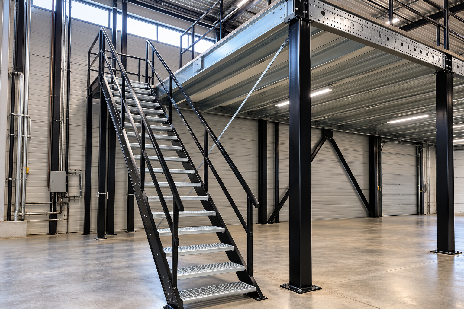 Industrial warehouse interior with metal staircase, mezzanine, and black support columns