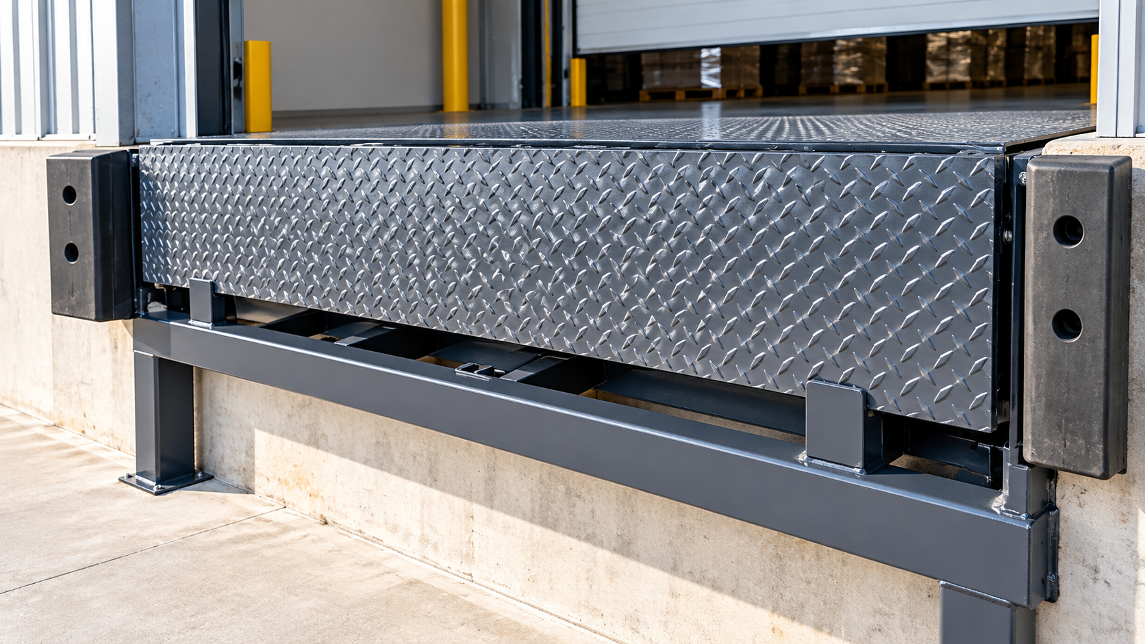 Industrial metal platform with diamond-plate panels and gray supports in a warehouse loading area