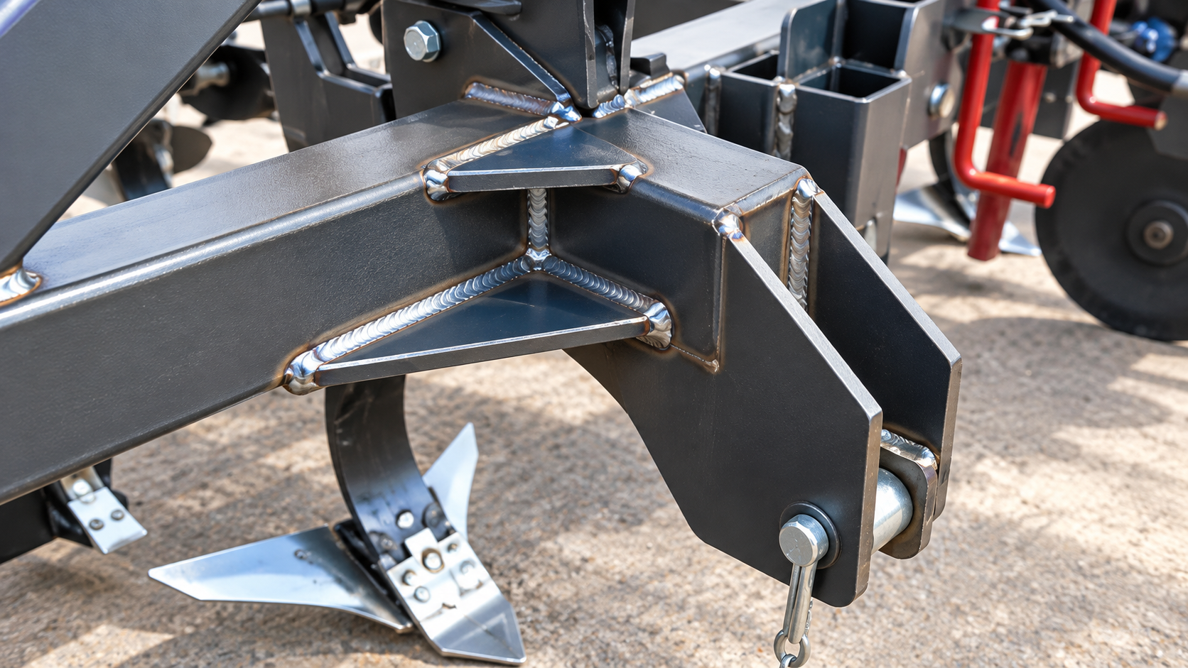 Close-up of a black metal hitch or tow attachment on a trailer, with bolts and brackets visible.