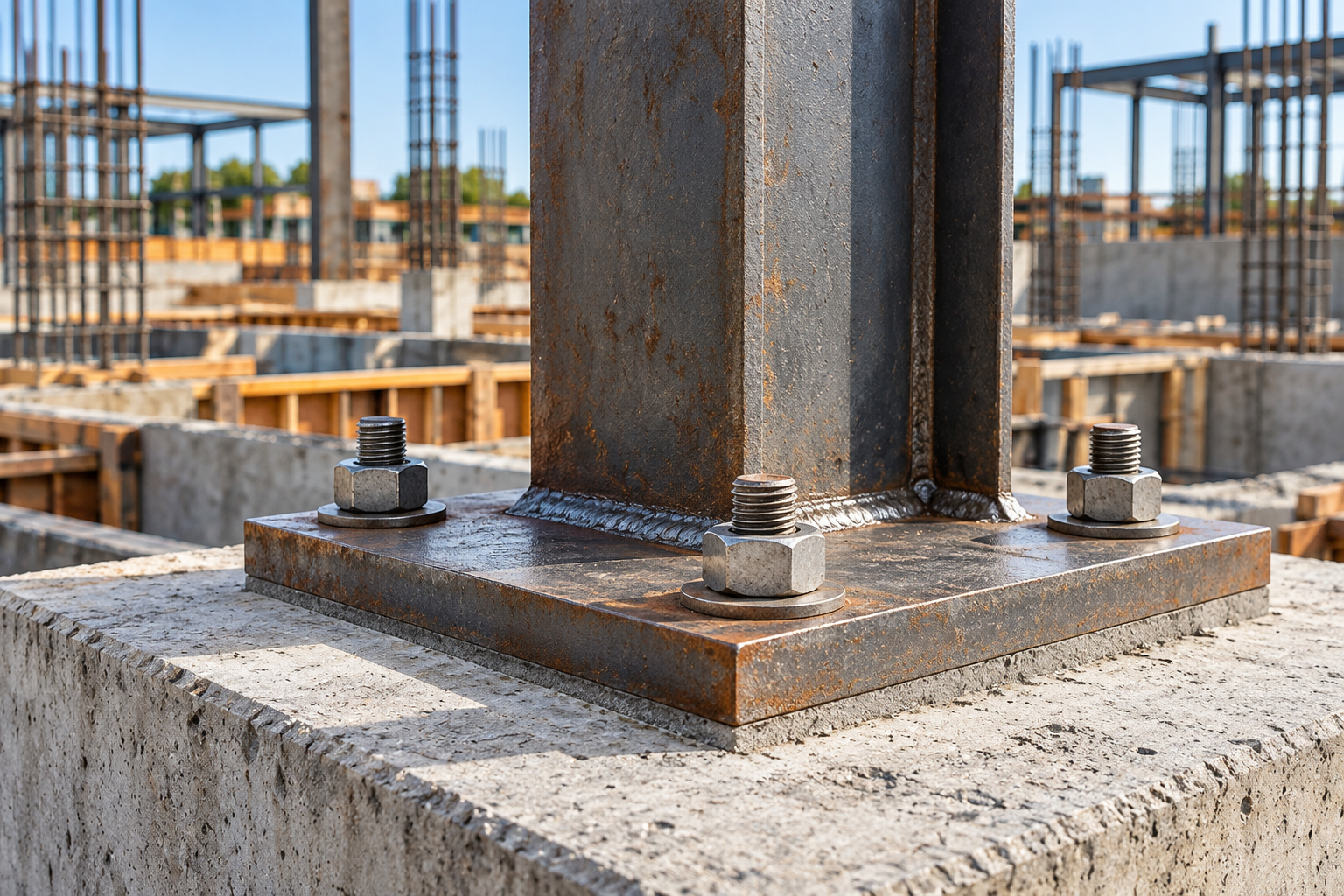 Steel column base plate bolted to concrete foundation at a construction site