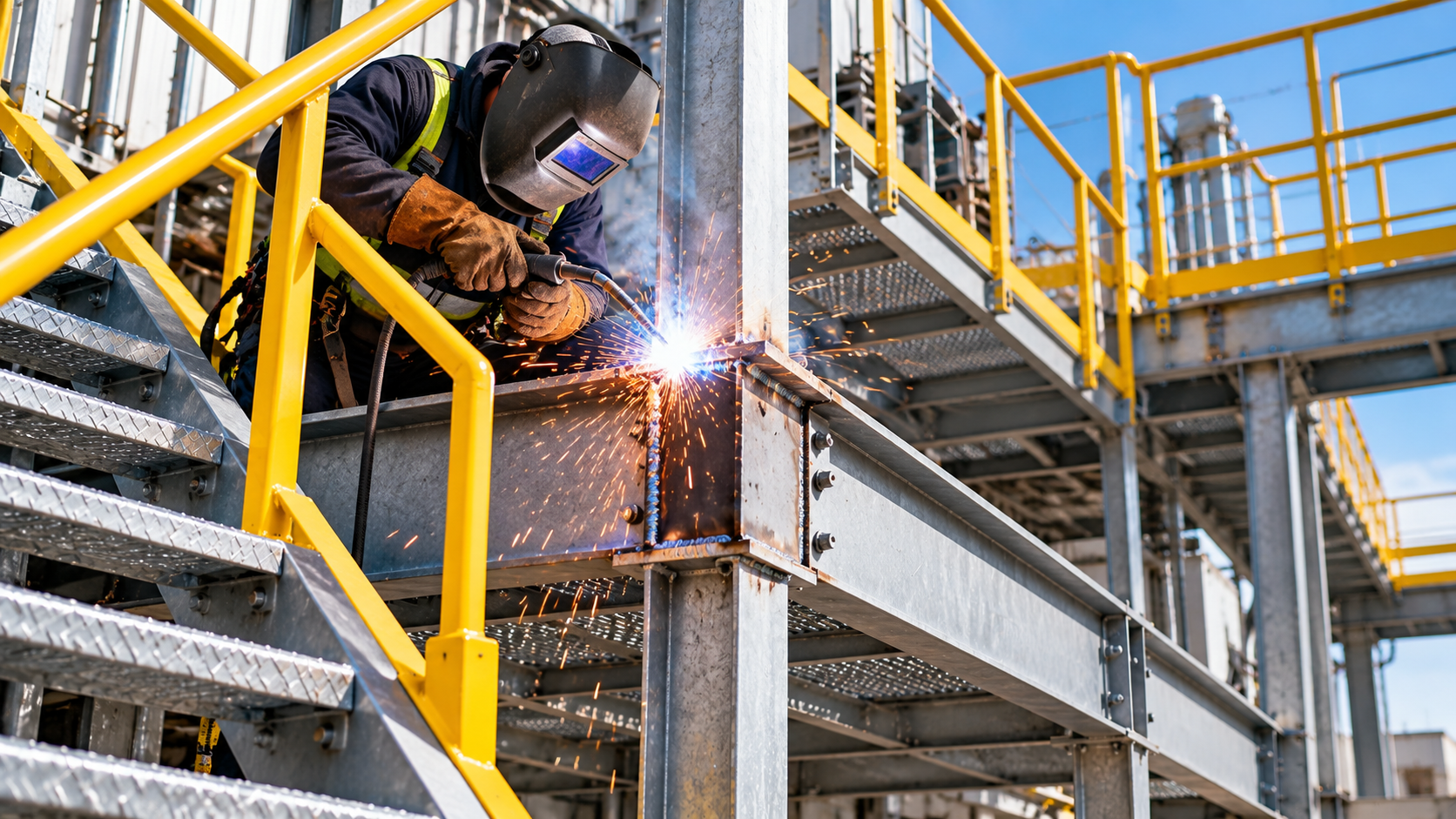 Construction workers welding steel beams at a building site during sunset, with city buildings in the background.