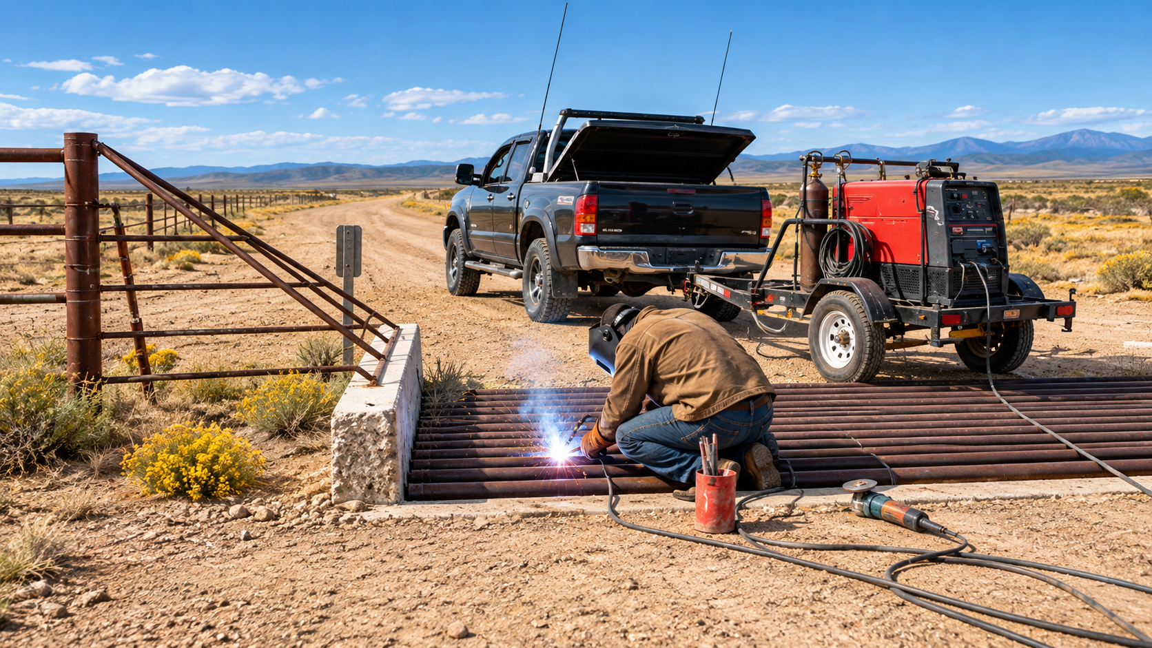 Worker welding a metal gate beside a pickup and trailer in a dry desert field
