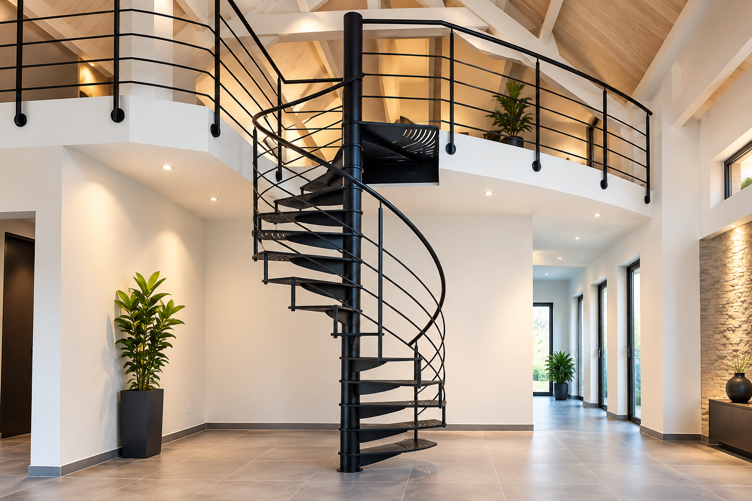 Modern foyer with spiral staircase, mezzanine railing, white walls, and potted plants