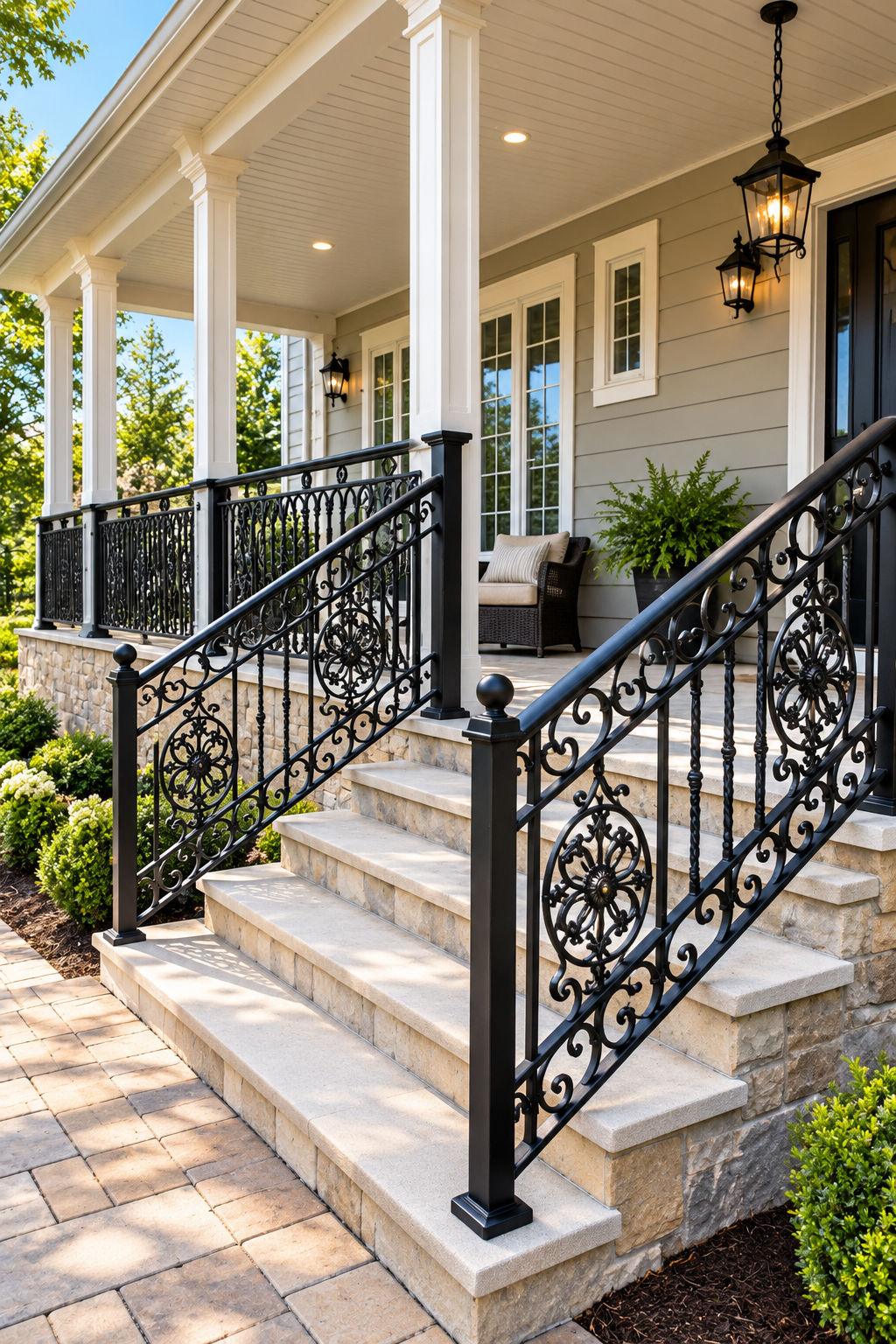 Front porch with white columns, black wrought-iron railings, and stone steps leading to a beige house