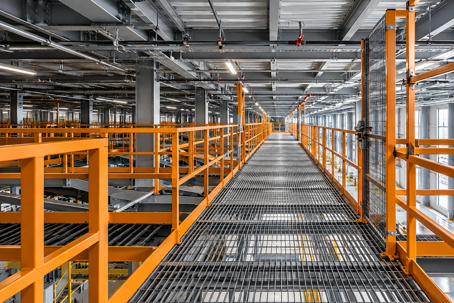 Industrial catwalk with orange railings and metal grating in a large warehouse interior