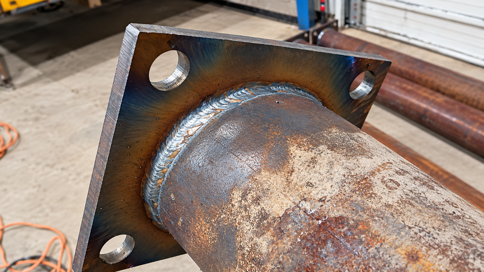 Rusty welded metal pipe flange with four bolt holes, close-up in a workshop.