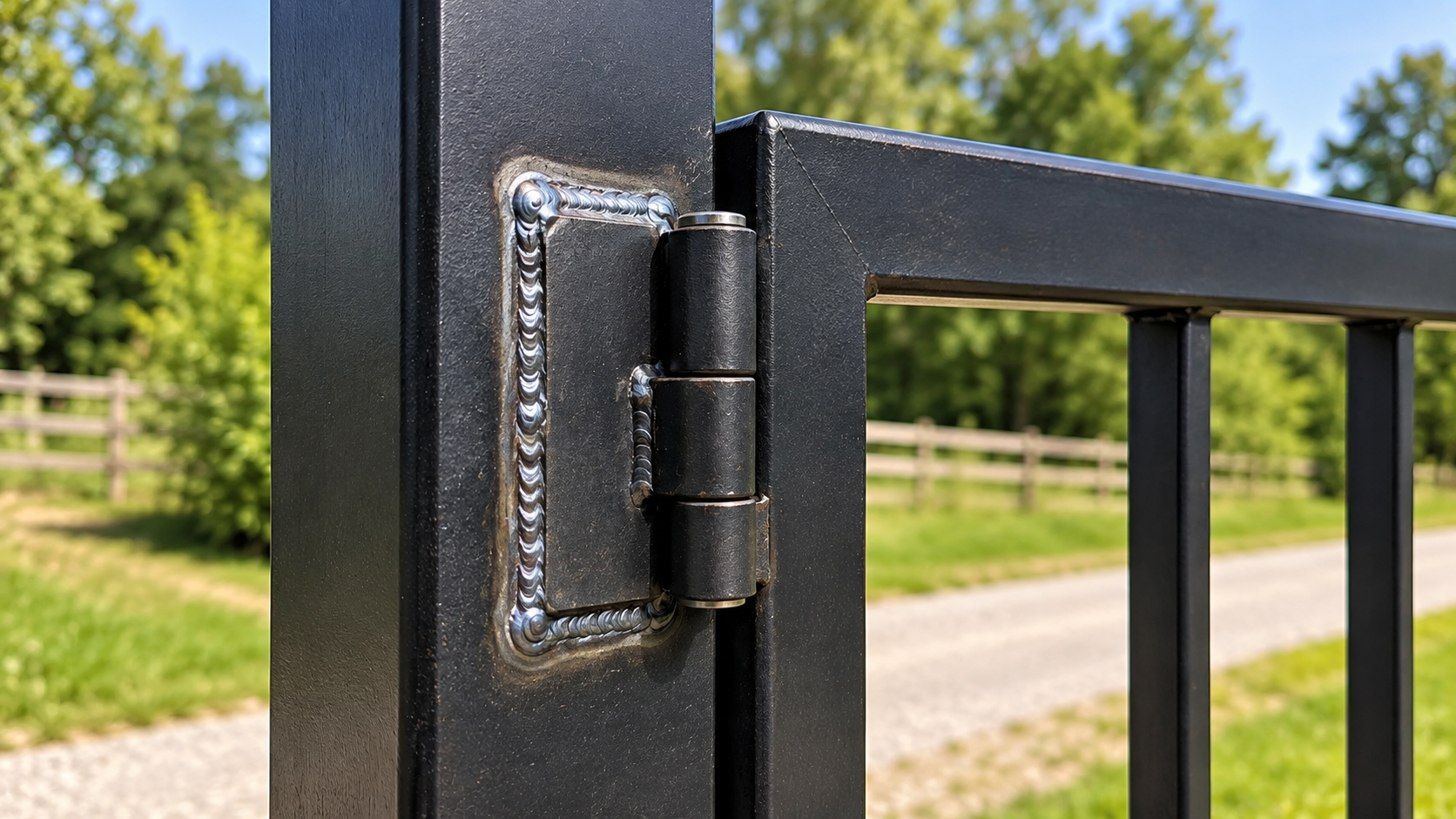 Black metal gate hinge attached to a fence post beside a road and grassy field