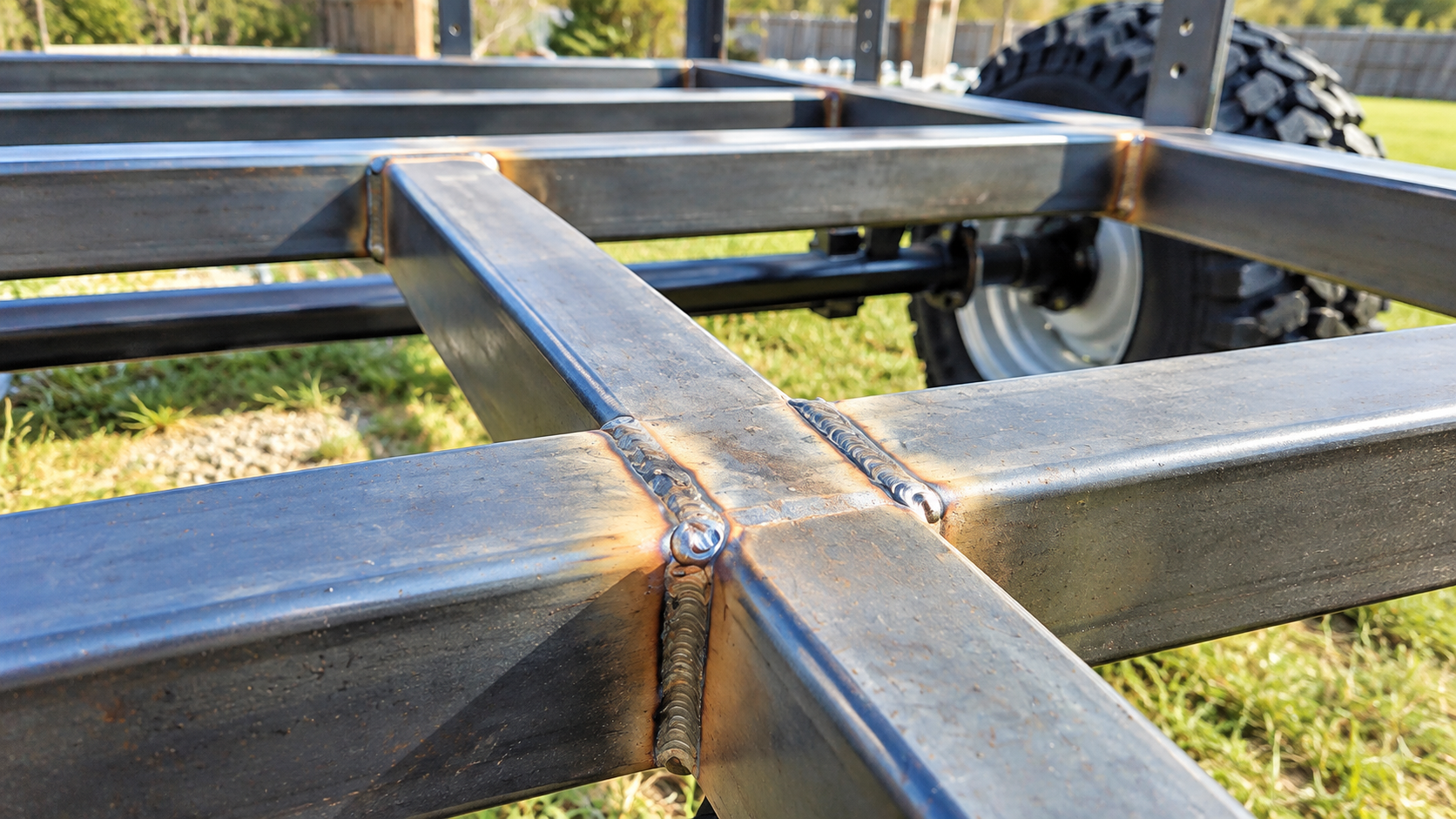 Close-up of a metal trailer frame with welded crossbars on grass, showing a wheel in the background