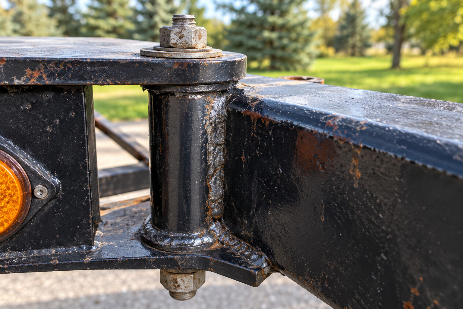 Close-up of a black metal trailer hinge with bolts, against a blurred outdoor background