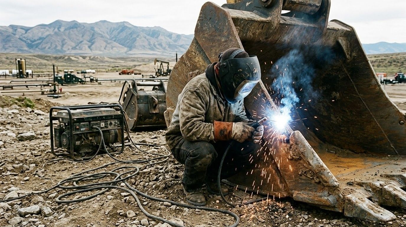 Welder repairing a yellow bulldozer bucket beside a blue welding machine in a rural field with mountains.