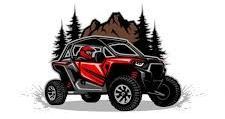 A red atv with mountains and trees in the background.