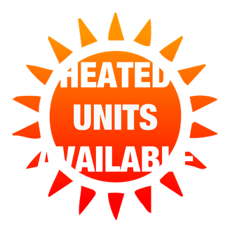 A sign that says heated units available on it