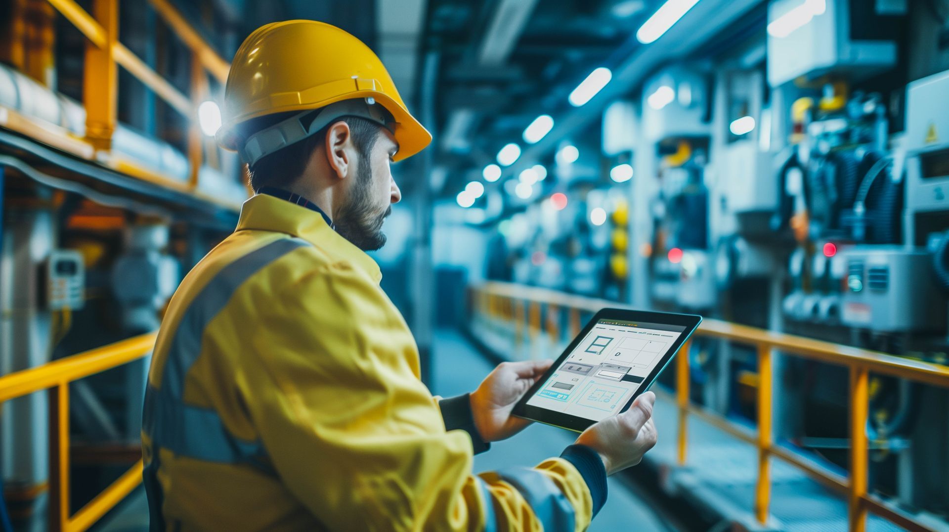 Un ouvrier portant un casque de chantier jaune et une veste de sécurité regarde l'écran d'une tablette à l'intérieur d'une usine de fabrication industrielle.