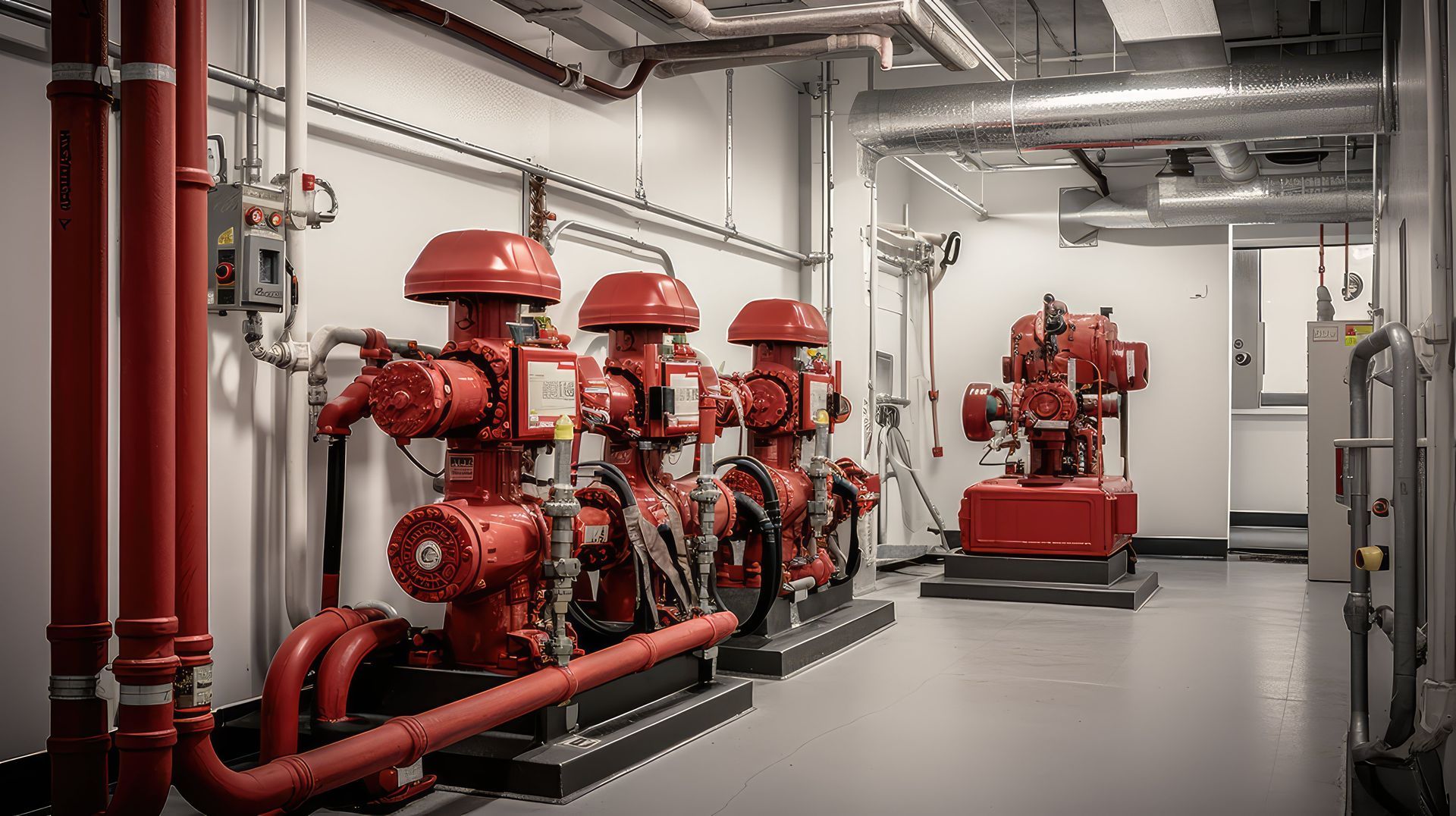 Une salle des pompes à incendie avec des systèmes de pompes industrielles rouges et des tuyaux contre un mur blanc sur un sol en béton.