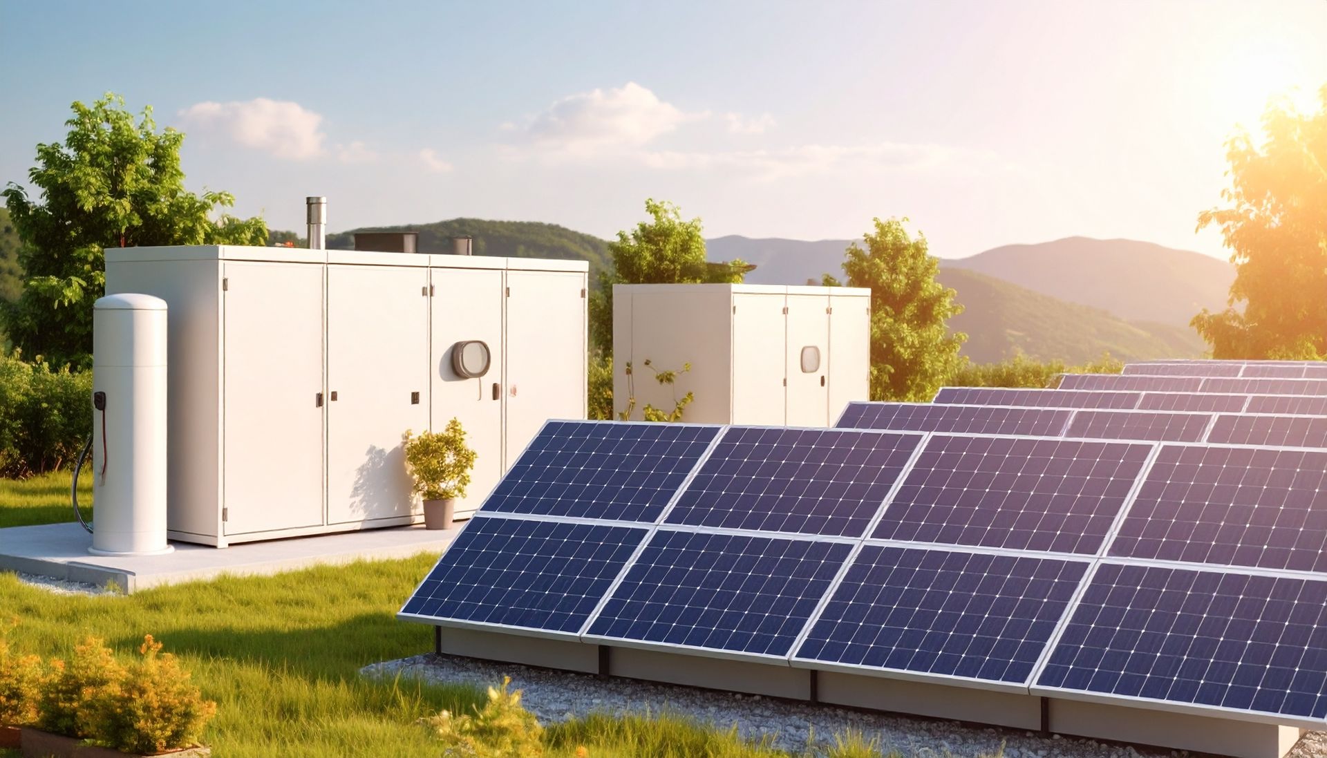 Des panneaux solaires et de grandes unités de stockage d'énergie industrielle sont installés dans un champ herbeux sous un ciel radieux et ensoleillé.