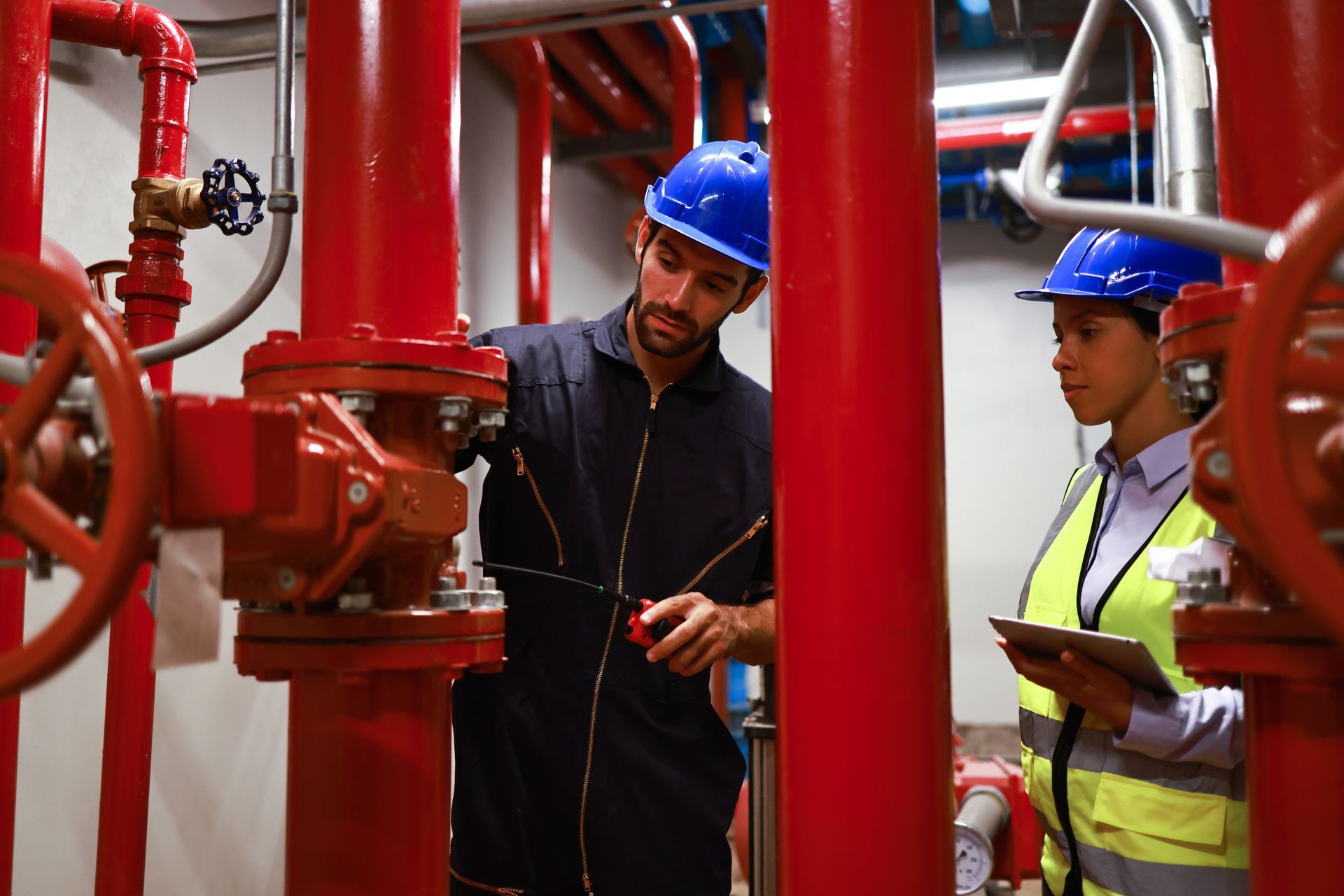 Deux professionnels, casqués et équipés de vêtements de sécurité, inspectent des tuyaux industriels rouges dans un local technique, l'un d'eux tenant une tablette.