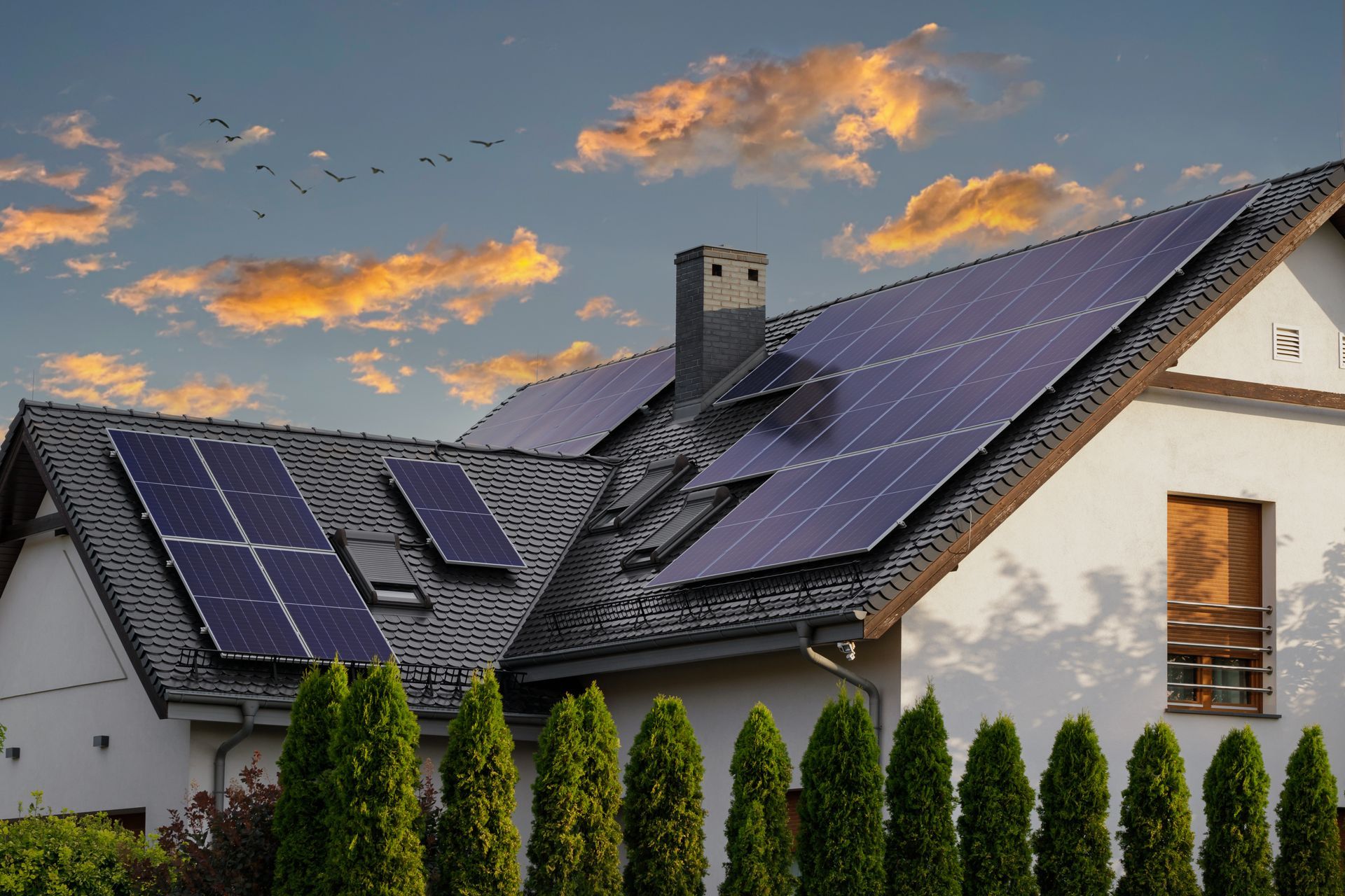 Un toit de maison recouvert de panneaux solaires se détachant sur un ciel de coucher de soleil, entouré d'une rangée de buissons à feuilles persistantes soigneusement taillés.
