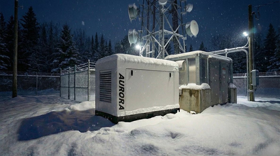 Une génératrice Aurora blanche est installée de nuit dans une zone extérieure enneigée, au pied d'une haute tour de télécommunications.
