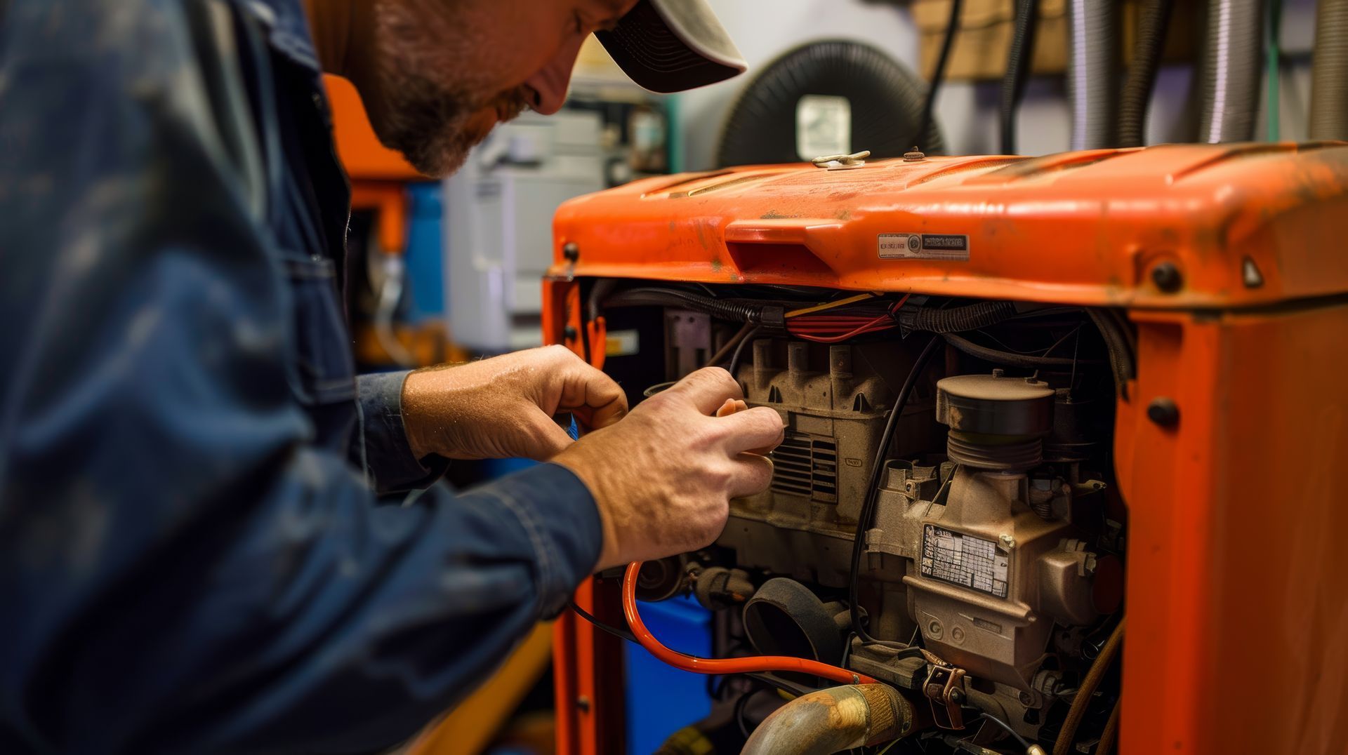 Dans un atelier, une personne vêtue d'une chemise bleue travaille sur les composants internes d'une grande machine industrielle orange.