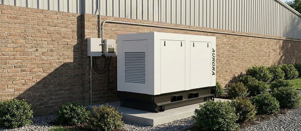 Un gros groupe électrogène industriel de secours blanc est installé sur une dalle de béton contre un mur de briques à l'extérieur d'un bâtiment.