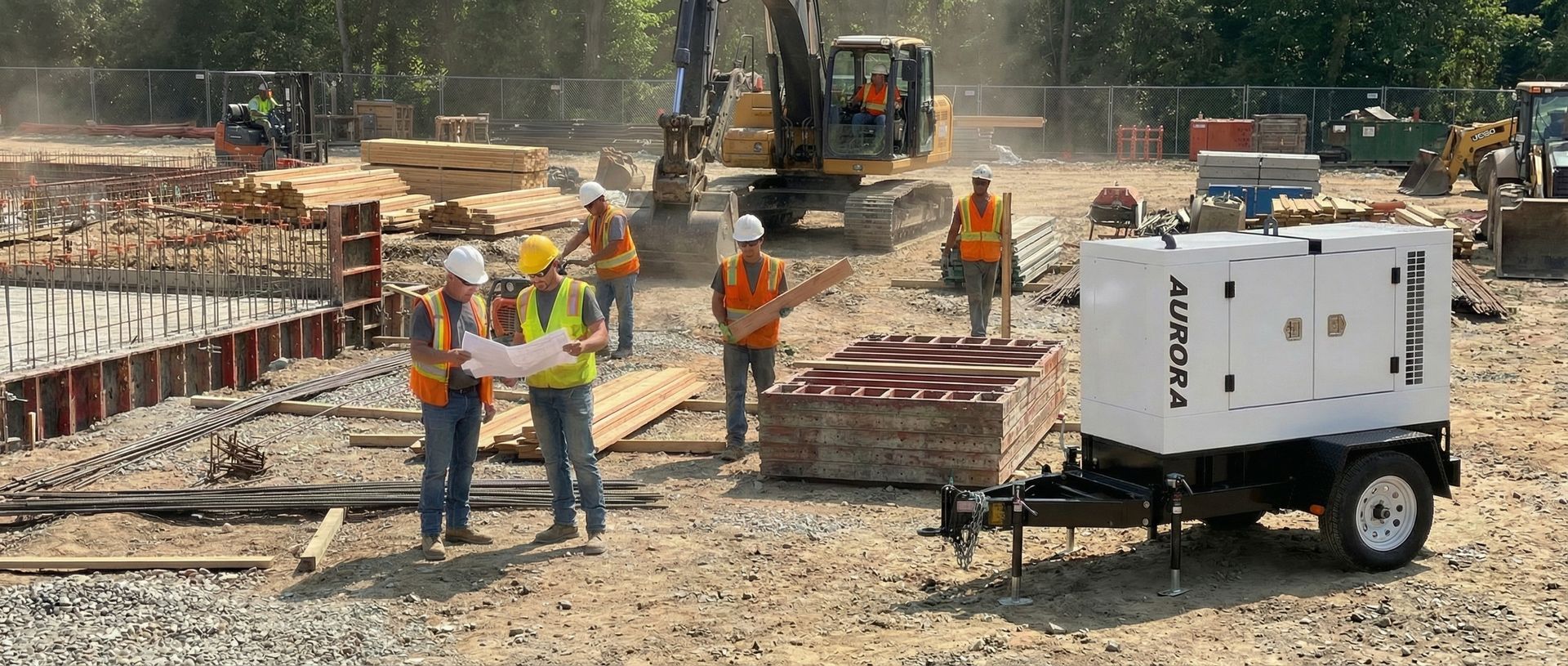 Des ouvriers vêtus de gilets haute visibilité consultent des plans sur un chantier ensoleillé où se trouvent de la machinerie lourde et un générateur.