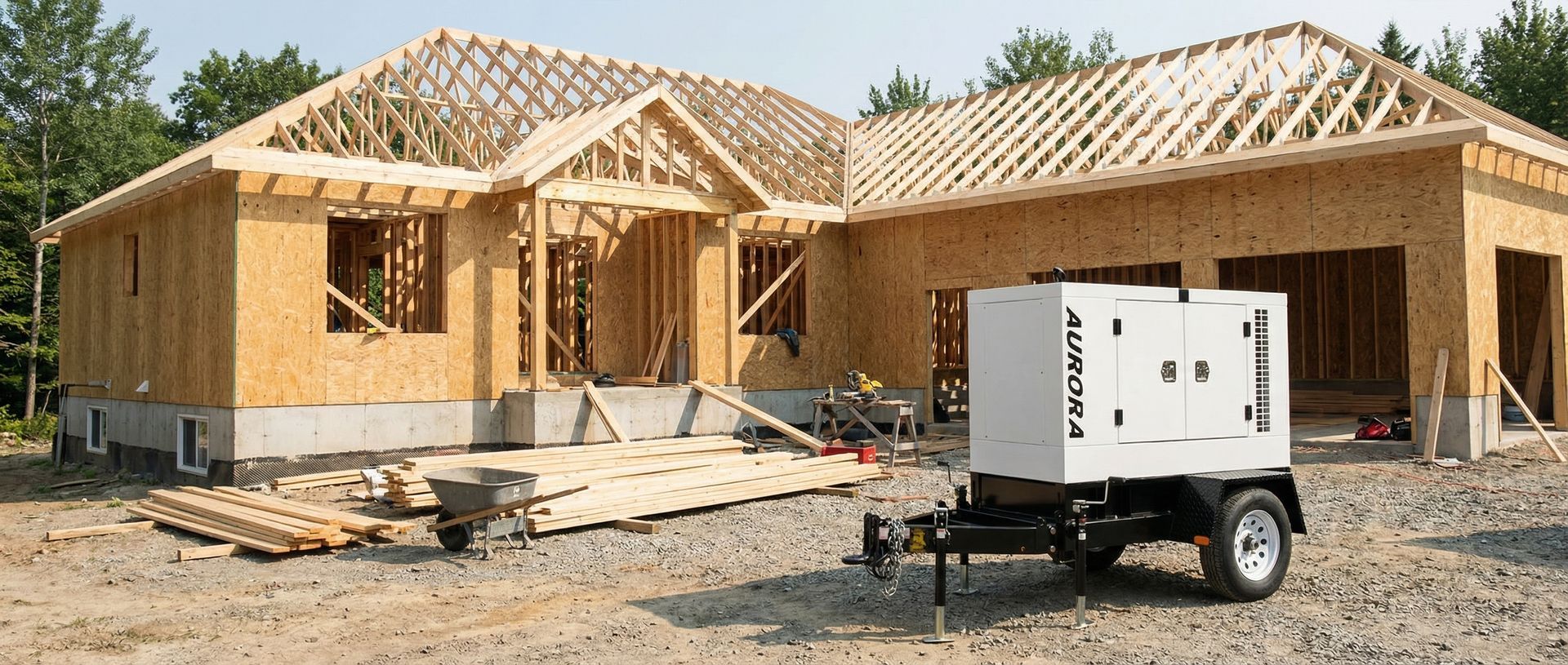 Un groupe électrogène industriel mobile blanc est installé sur un terrain gravillonné devant une maison en bois en construction.