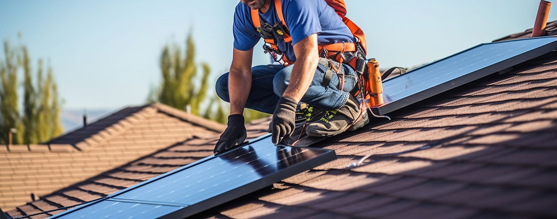 Un ouvrier portant un harnais de sécurité installe un panneau solaire sur un toit de bardeaux sous un ciel bleu dégagé.
