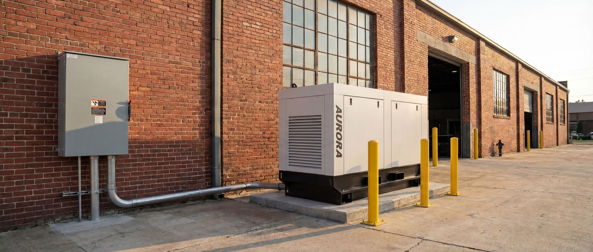 Un générateur industriel blanc se dresse sur une dalle de béton à côté d'un bâtiment en briques, relié à une armoire électrique.