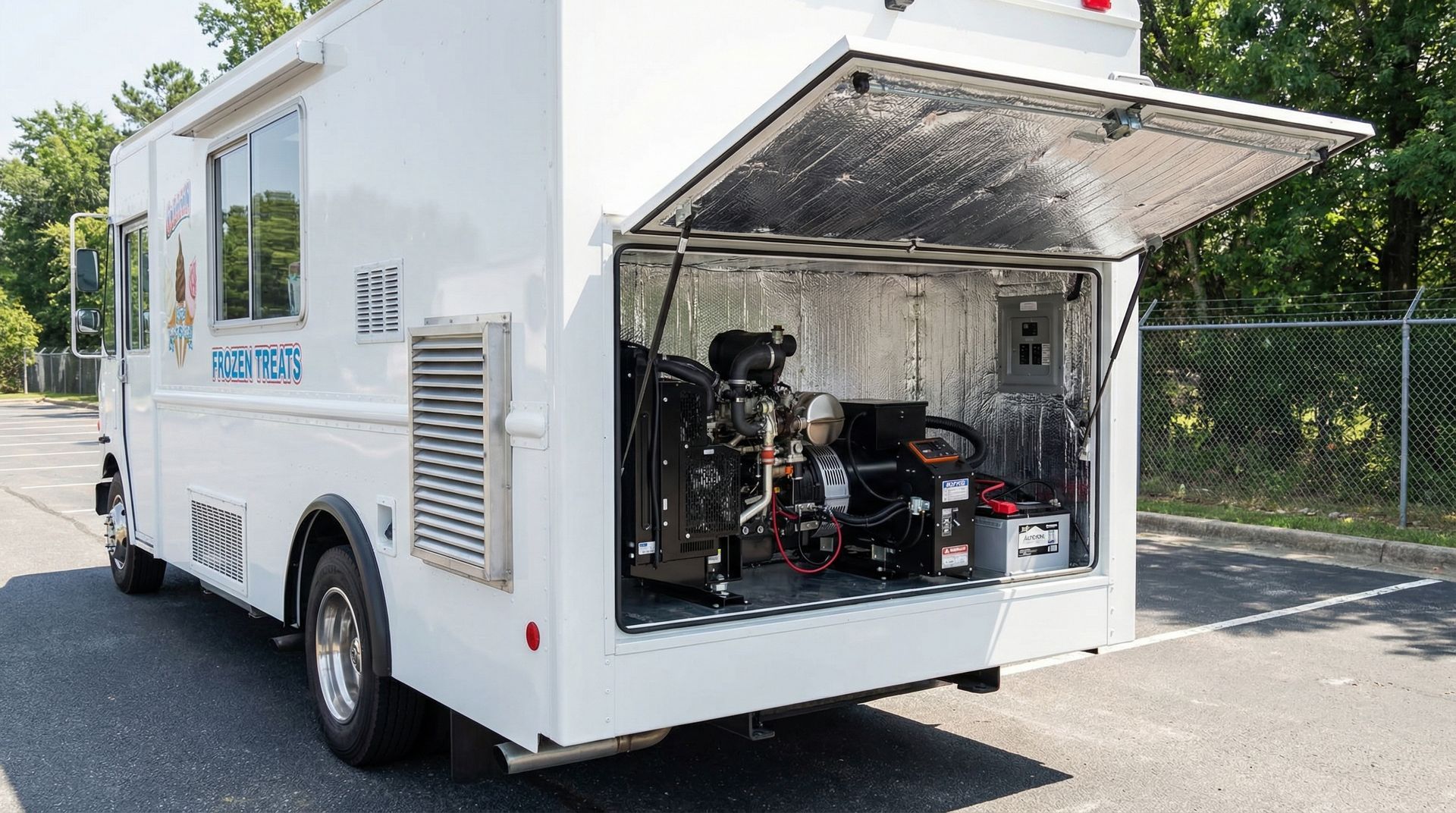 Un camion-restaurant blanc est stationné à l'extérieur, la porte de son compartiment arrière ouverte, laissant apparaître un générateur et des composants électriques.